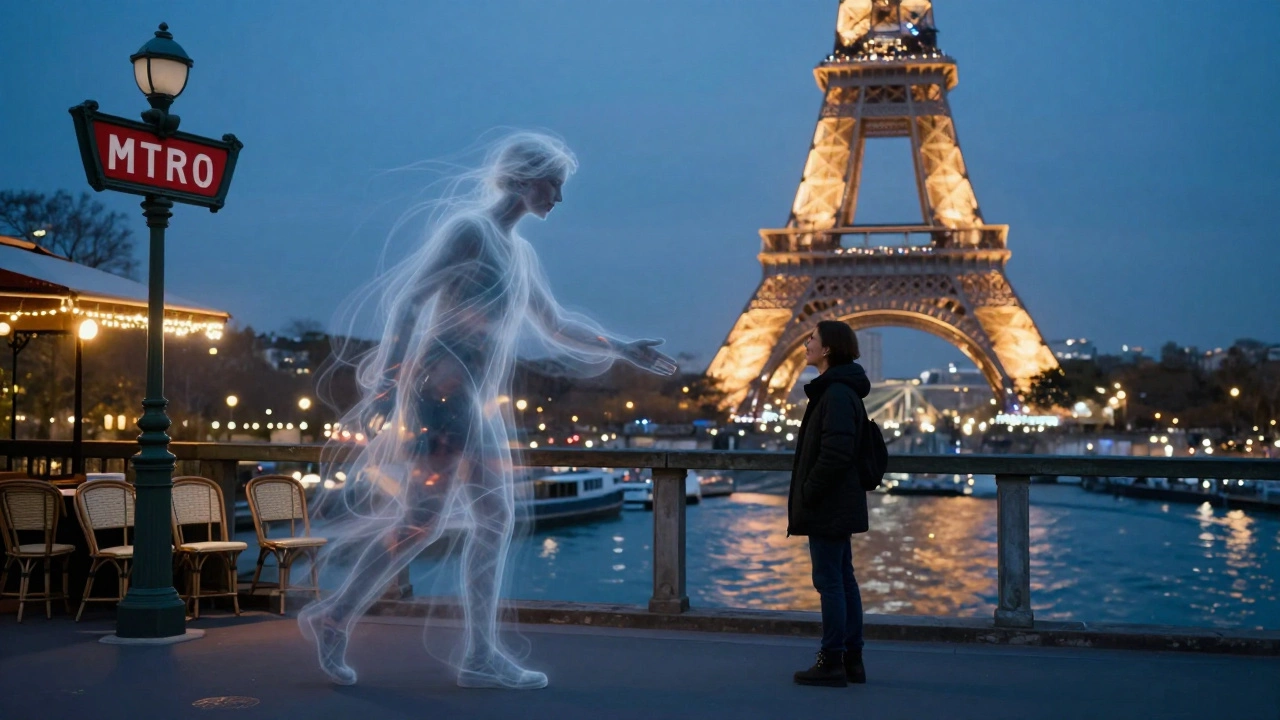 A shimmering figure of Parisian lights reaches toward a solitary traveler on a bridge, symbolizing quiet connection in the city.