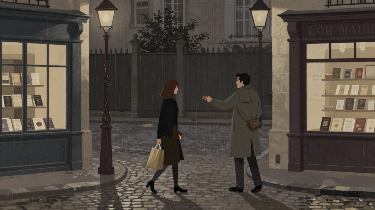 A woman and man walk through the rain-slicked Marais at night, passing a lit bookshop and hidden courtyard.